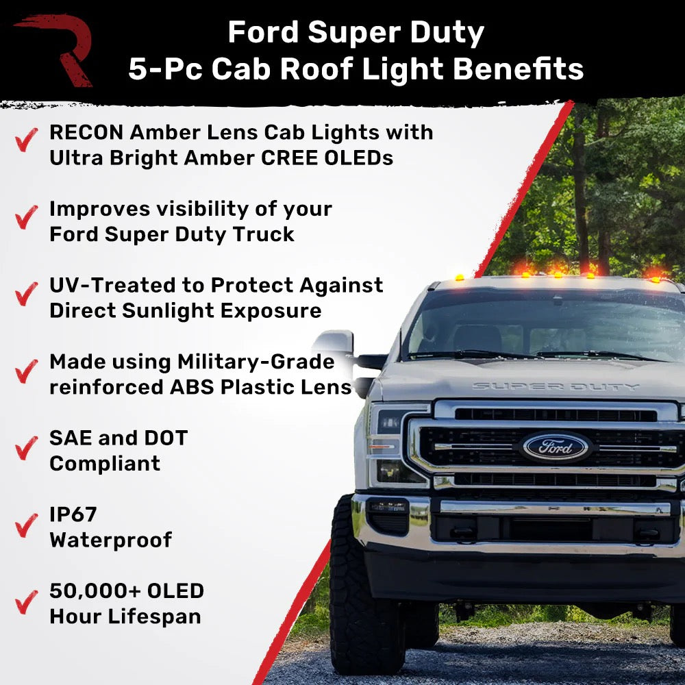 Ford Super Duty 17-22 (5-Piece Set) Set Amber Lens with Amber High-Power LEDs - (Attn: This cab light kit replaces OEM factory installed cab roof lights)